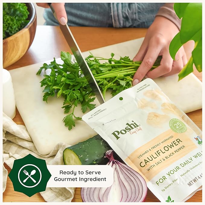 POSHI Marinated Cauliflower Florets with Salt + Black Pepper Natural Keto Vegan Non GMO Low Carb + Calorie Gluten Free Ready to Eat Fully Cooked Vegetables Pentry Food Gourmet 6 Pack 4.4 oz