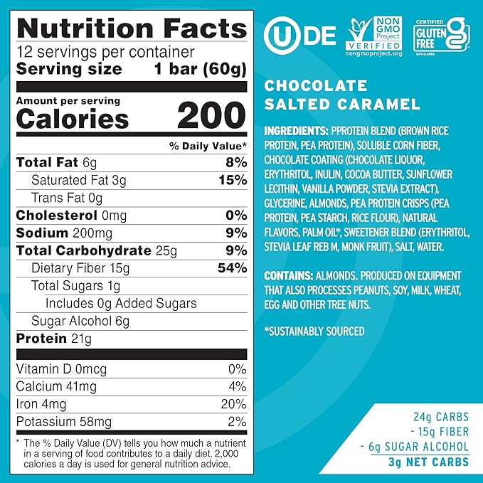 No Cow High Protein Bars Chocolate Salted Caramel - Healthy Snacks 20g Vegan Protein High Fiber Low Sugar Keto Friendly Dairy &amp Gluten Free (12 Count)
