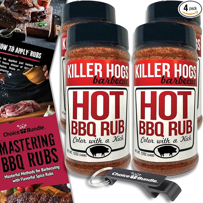 Killer Hogs Hot BBQ Rub Premium Barbecue Rub &amp Seasoning 4 pk (48 oz) + Guide &amp Bottle Opener (6 Items)!