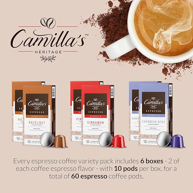 Camilla’s Heritage - Intensity 8 Flavored Espresso Coffee Spiced Variety Pack (Caribbean Spice Cinnamon &amp Hazelnut Espresso Cups) 60 Coffee Pods