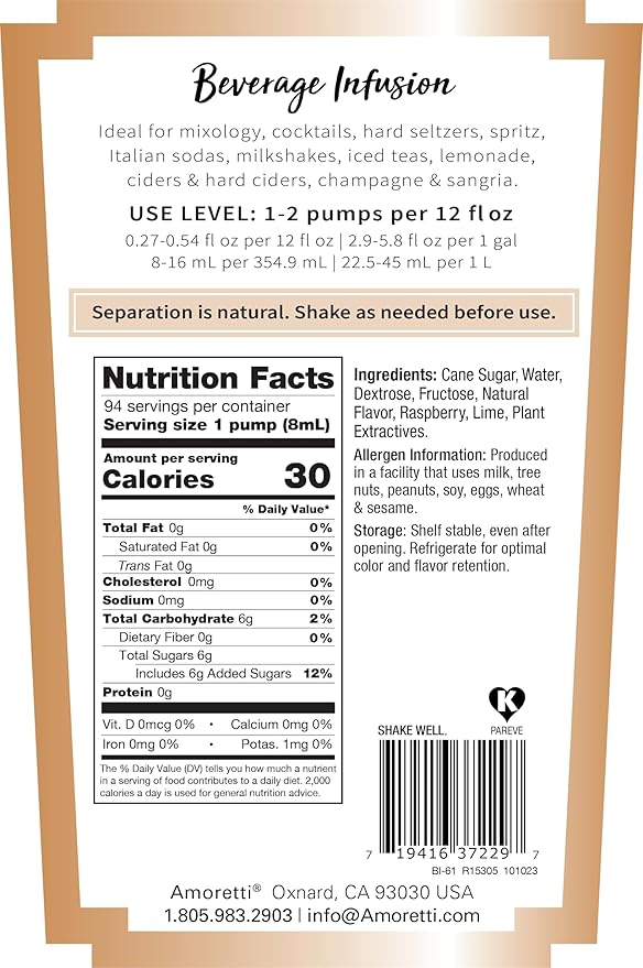 Amoretti - Raspberry Lime Beverage Infusion 94 Servings Per Bottle (750 ml) - Drink Mix &amp Water Enhancer with Pump for Flavoring Cocktails Waters Teas and other Beverages Preservative Free