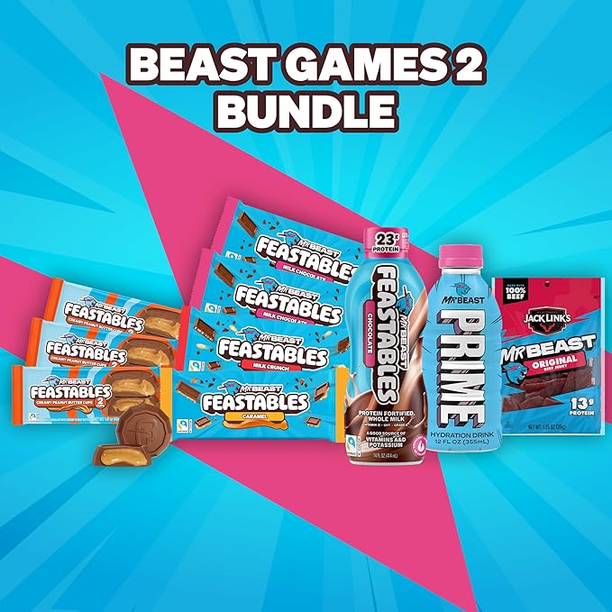 Feastables Beast Games Season 2 Snack Bundle 10 Count MrBeast Chocolate Bars &amp Cups Protein Milk Hydration Drink &amp Beef Jerky