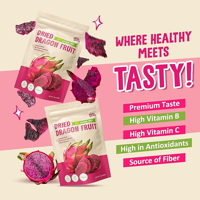 The Daily Good Soft-Dried Dragon Fruit Slices | All Natural Superfood Snacks for Adults &amp Kids | Healthy Soft and Chewy | No Sugar Added or Preservatives Gluten Free Vegan (1.41 oz Pack of 3)