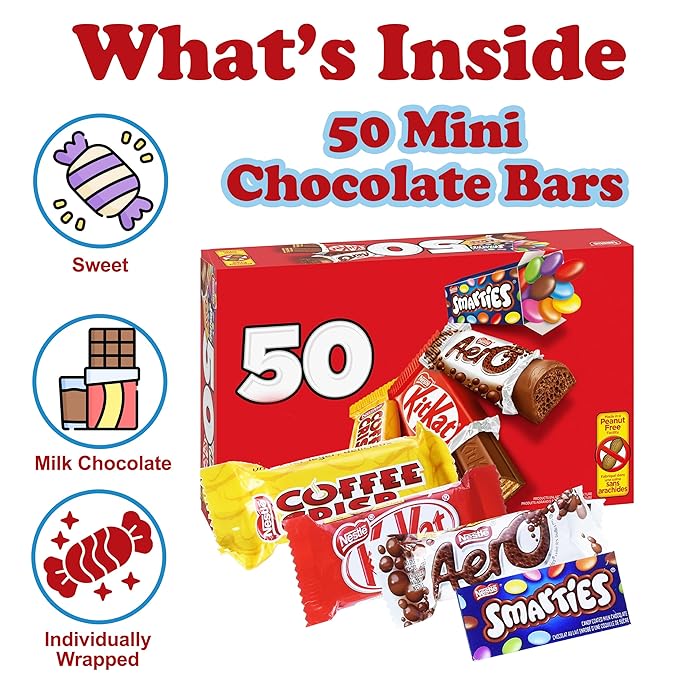 Chocolate Candy Gift Box 50 Mini Milk Chocolate Bars Includes Coffee Crisps KitkatWafers Peanut Free Chocolate Assorted Variety Individually Wrapped Bars For Gifting Red Gift Box