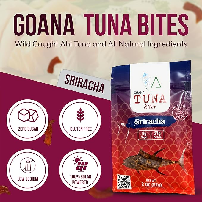 GOANA Tuna Jerky Bites Sriracha Flavor High Protein Fish Snack Wild Caught Ahi Tuna Keto Paleo Low Carb Sugar Free Gluten Free Low Sodium 2 oz (2 Pack)