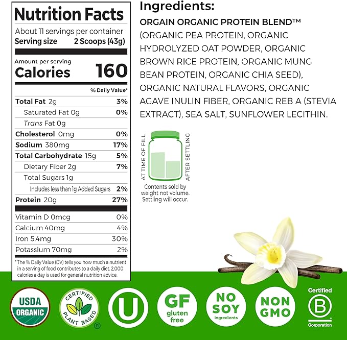 Orgain Organic Vegan Protein Powder + Oat Milk Vanilla Bean - 20g Plant Based Protein Gluten Free No Dairy Soy or Lactose Ingredients Low Sugar Non-GMO Kosher For Shakes &amp Smoothies - 1.05