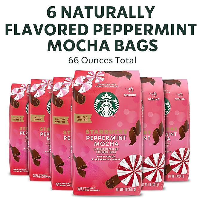 Starbucks Ground Coffee Peppermint Mocha Naturally Flavored Coffee 100% Arabica Limited Holiday Edition 6 Bags (11 Oz Each)