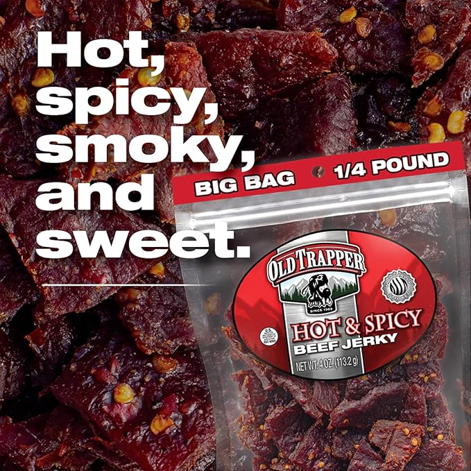 Old Trapper Beef Jerky Hot &amp Spicy 1/4-Pound Individual Package Savory and Spicy Meat Snacks for Lunches or Between Meals 11 Grams of Protein and 70 Calories per Serving (Pack of 8)