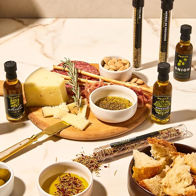 Thoughtfully Gourmet Olive Oil Spice Infusion Gift Set Premium Cold Pressed Extra-Virgin Olive Oil from Spain Includes 4 Flavored Olive Oils and 3 Flavorful Spice Infusion Blends Set of 7