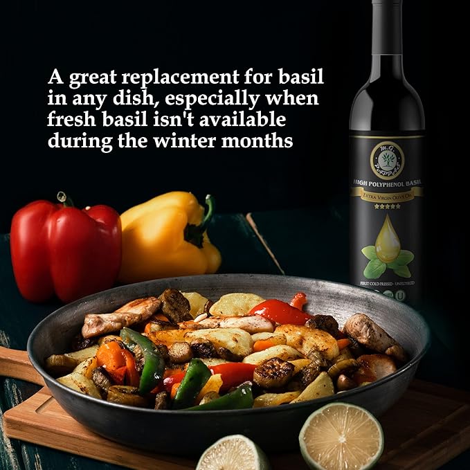 M.G. PAPPAS High Polyphenol Rich Basil Infused Olive Oil - Extra Virgin Olive Oil - Over 500mg/kg - Cold Pressed &amp Unfiltered - High Hydroxytyrosol Greek Olive Oil - Award Winning