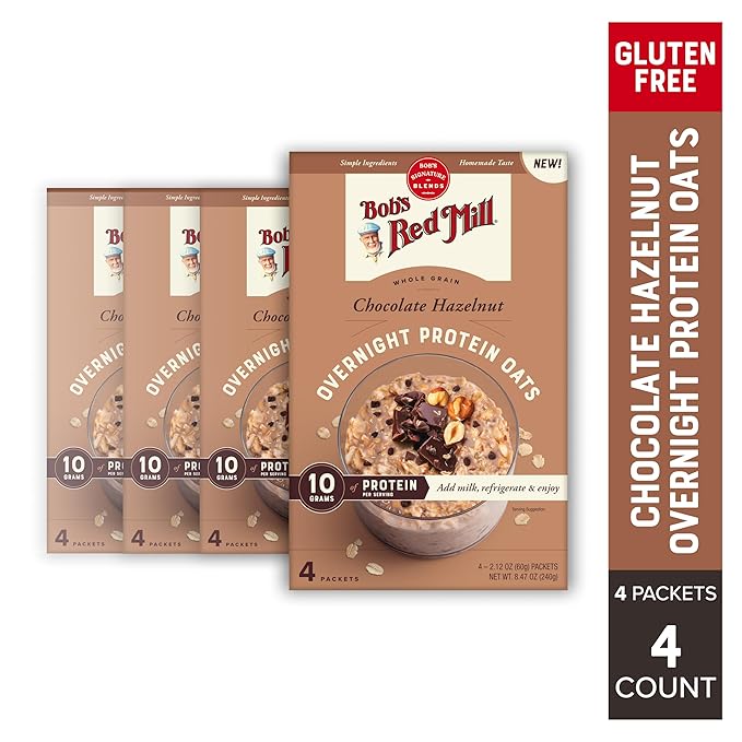 Bob's Red Mill Overnight Protein Oat Packets Chocolate Hazelnut (4 Boxes/4 Packets per Box) Non-GMO Gluten Free Whole Grain