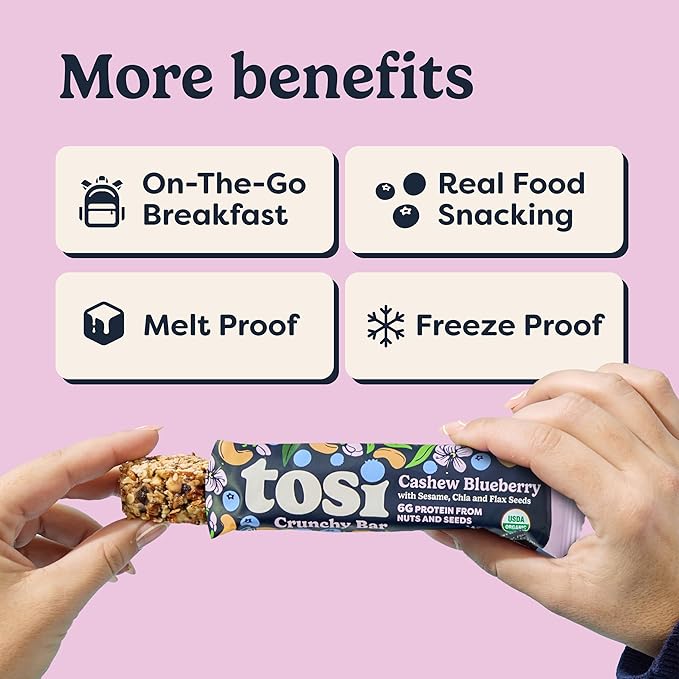 Tosi Nut Bars Cashew Blueberry Healthy Snacks for Adults &amp Kids Plant Based Crunchy Bars (6G Protein) Organic Keto Snacks Vegan Gluten &amp Soy Free Low Sugar Omega 3s 1oz 12-Pack