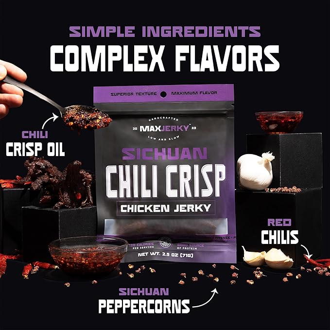MaxJerky Sichuan Chili Crisp Chicken Jerky 27.5 Grams of Protein 2.5 OZ (4 Pack)