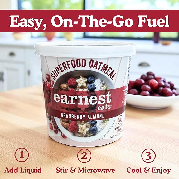 Earnest Eats Superfood Oatmeal Cups - Cranberry Almond Flax – 7g Plant Protein Gluten Free Vegan On-the-Go Breakfast 2.1 Ounces Each (12 Pack)