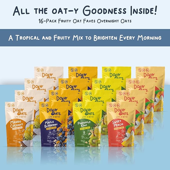 Dozy Oats Overnight Oatmeal Packets Fruity Faves Variety Box with Rolled Oats Chia Seeds Date Powder and Dried Fruit. Gluten-Free Natural Source of Protein and Fiber 16-Pack