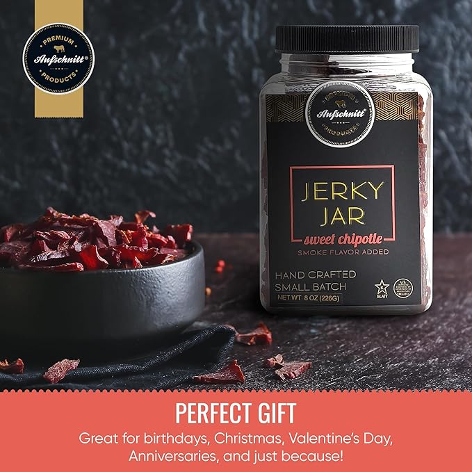 Aufschnitt Meats Beef Jerky Jar - Grass Fed Beef - Kosher and Keto Friendly - Gift Idea - 8 oz Jar Sweet Chipotle