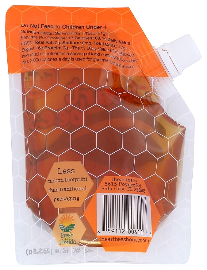 I HEART BEES - Florida Spring Orange Blossom Honey - 2 Pouches - 10 Ounces Each - Raw and Unfiltered Honey Kosher Certified