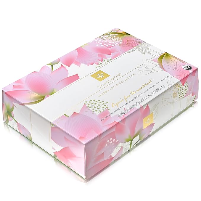 Teabloom Organic Sacred Lotus Pyramid Tea Presentation Box 12 Assorted USDA Certified Organic Whole-Leaf Pyramid Tea Sachets Green Tea Oolong tea White tea