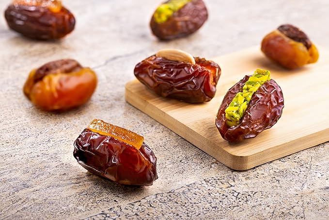 Jomara Premium Filled Dates Mix Pack 4 Flavors | 28oz / 800g | Natural Dates filled with Orange Peel Caramelized Pecan Roasted Almond or Pistachio| Healthy Dried Fruit for Snacking | Natural Source