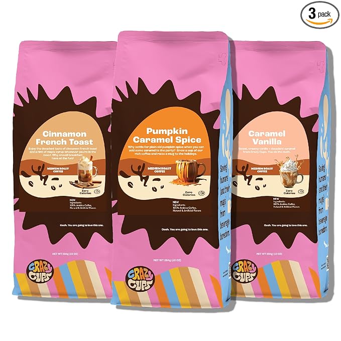 Crazy Cups Flavored Ground Coffee Variety Pack Includes Cinnamon French Toast Caramel Vanilla Pumpkin Caramel Spice in 10 oz Bags For Brewing Flavored Hot or Iced Coffee Variety 3 Pack
