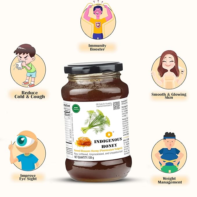 INDIGENOUS HONEY Fennel Saunf Honey Raw Organic Natural Pure Unprocessed NMR Tested Unpasteurized Unheated 530g Glass Jar Pack of 1