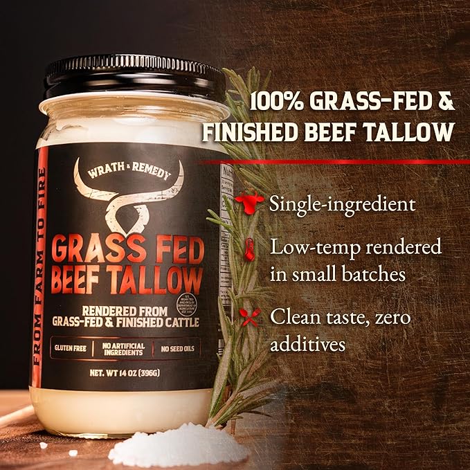 Beef Tallow for Cooking (14 oz) — US-Made 100% Grass-Fed and Finished Beef Fat Rich Flavor — Pure Beef Tallow for Deep Frying Searing Baking — Keto Paleo Carnivore Friendly- No Additives