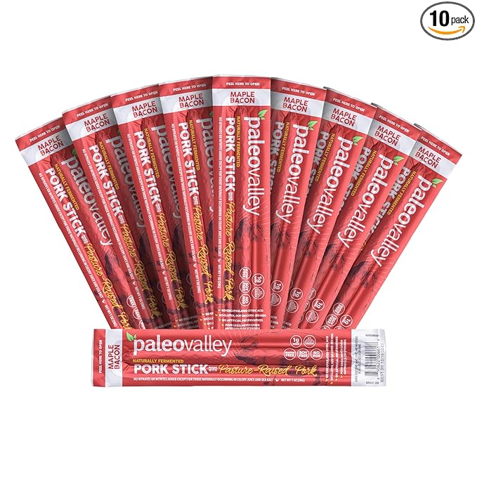Paleovalley Pasture-Raised Pork Sticks - Maple Bacon Flavor Meat Sticks Individually Wrapped 28g - 10 Sticks - Gluten-Free Protein Snack
