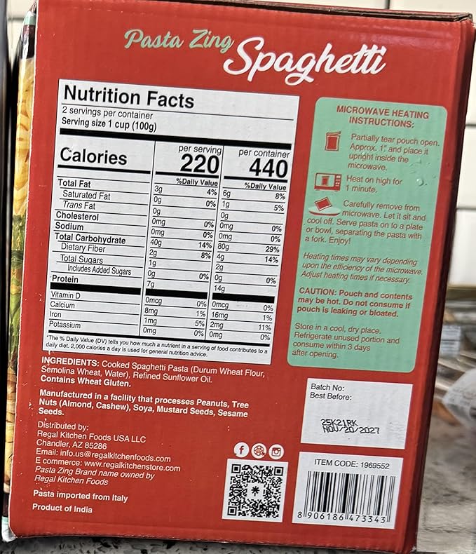 Fully Cooked Spaghetti Pasta Ready in 1 Minute Microwaveable BPA Free Pouch Non-GMO Halal Kosher Plant Based 7.05 oz 6 Pack