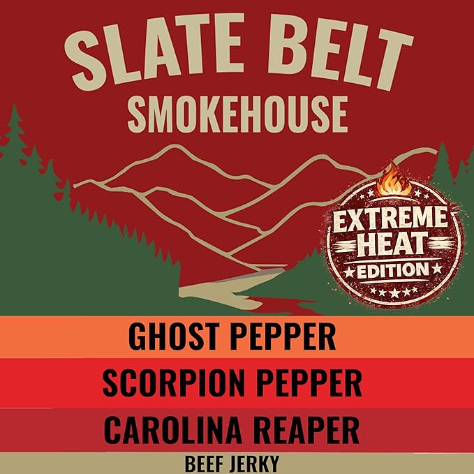 Slate Belt Smokehouse Scorpion Pepper Ghost Pepper and Carolina Reaper Jerky Extremely Hot Beef Jerky Variety Pack 2.5 Ounce