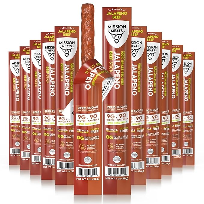 Mission Meats Beef Sticks – 100% Grass Fed &amp Pasture Raised Zero Sugar Gluten Free Meat Sticks Individually Wrapped Healthy Snacks Whole 30 &amp Paleo Friendly Jalapeno 1oz (Pack of 48)