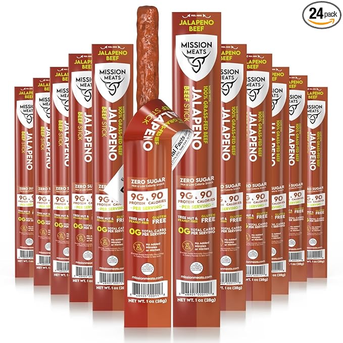 Mission Meats Beef Sticks – 100% Grass Fed &amp Pasture Raised Sugar Free Individually Wrapped Healthy Snacks Whole 30 &amp Paleo Friendly Jalapeno 1oz (24ct)