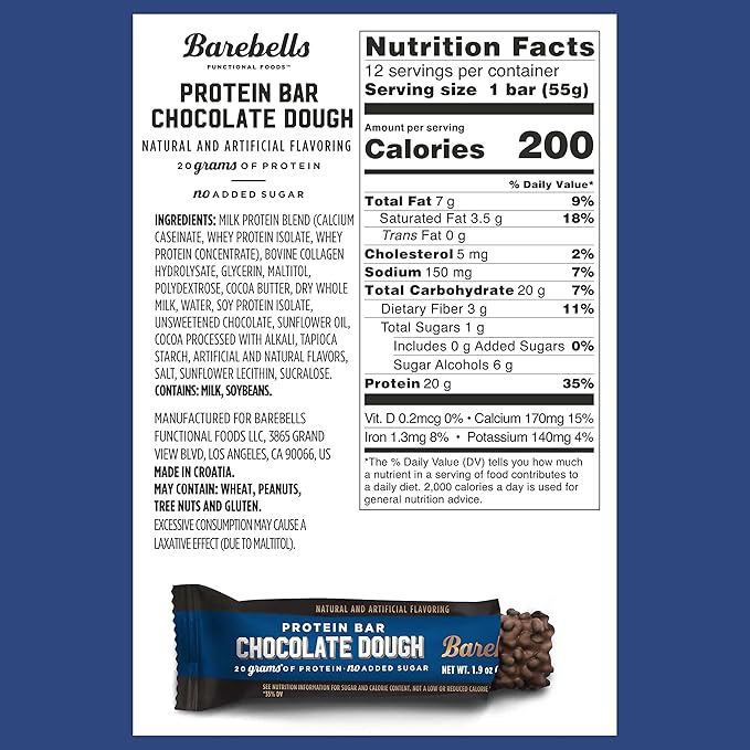 Barebells Protein Bars Chocolate Dough - 12 Count 20g High Protein Treats - Chocolate Nutrition Bar with 1g Total Sugars - On-The-Go Breakfast or Post-Workout Snack (Pack of 2)