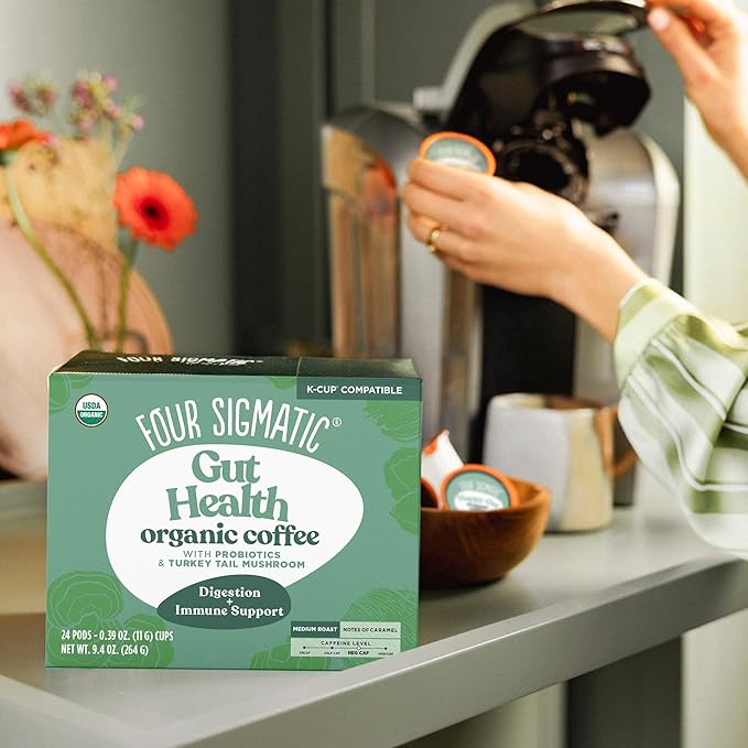 Four Sigmatic Gut Health Organic Coffee Pods | Medium Roast Probiotic K Cups with Chaga and Turkey Tail | Immune Boosting Probiotic Mushroom Coffee K Cups for Gut Health and Immune Support | 24 Count