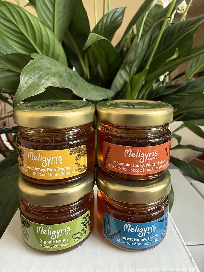 Meligyris Greek Honey Gift Set 4 Varieties Pack with Mountain Honey Pine Thyme Forest Honey Heath Organic Honey