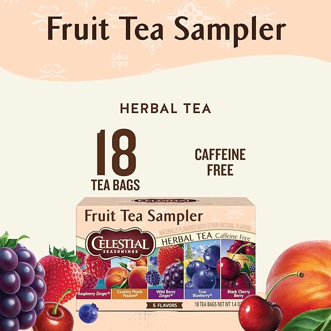Celestial Seasonings Fruit Tea Sampler Herbal Variety Pack Caffeine Free 18 Tea Bags Box (Pack of 6)