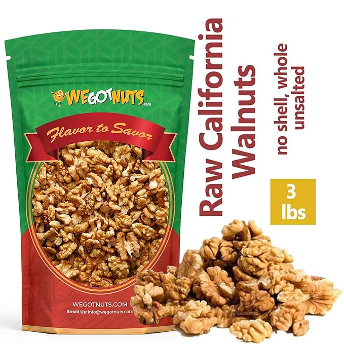 California Raw Walnuts- 3 Pounds Resealable Package-Fresh No Shell Unsalted-All Natural Dry Halves and Chopped Pieces-For Snacking Kids Baking Brownies Diet- Kosher Certified- by We Got Nuts