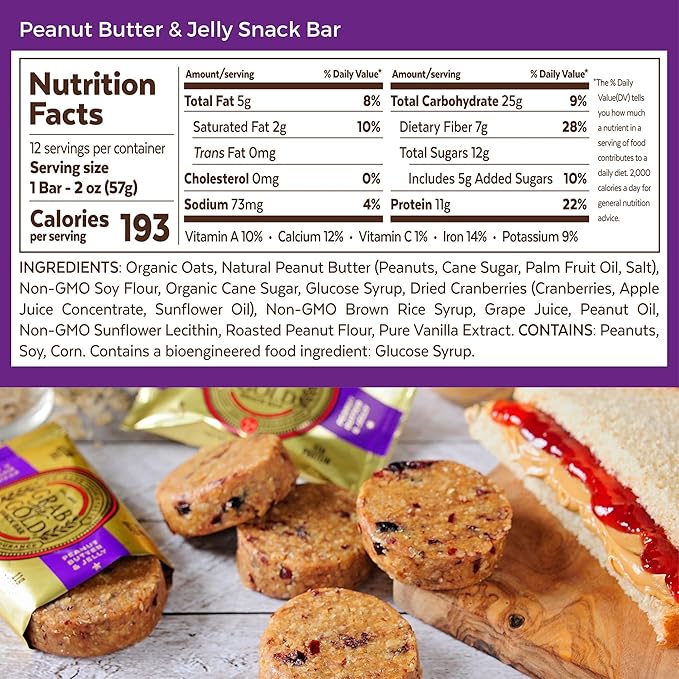 Grab The Gold Cranberries Peanut Butter &amp Jelly Protein Snack Bars | 11g Plant-Based Protein Bars with Organic Oats Whole Food Nutrition | Gluten-Free Vegan High-Fiber | 14 Bars Amazon Exclusiv