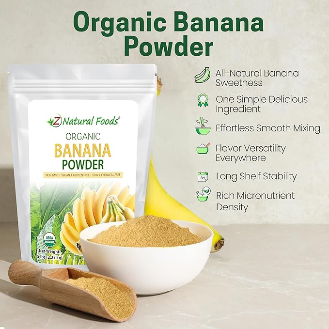 Z Natural Foods Organic Banana Powder Fiber Supplement for Glowing Skin and Enhanced Immunity Great in Juice Smoothies and Recipes Non-GMO Vegan Gluten-Free Kosher 5 lbs