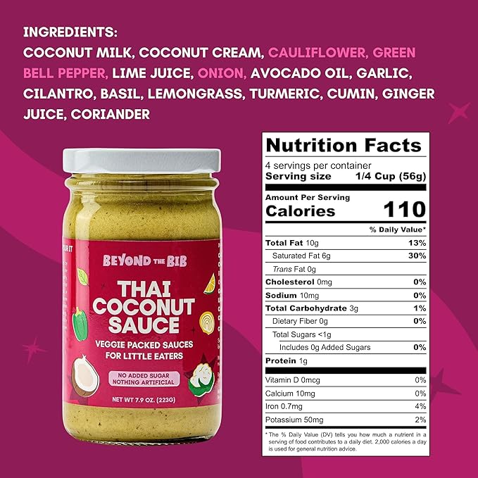 Beyond the Bib All Natural Toddler Sauces for Picky Eaters - Hidden Vegetables No Added Sugar Quick &amp Healthy Mealtime Solution - For 24+ Months (Thai Coconut Sauce - 3 Pack)