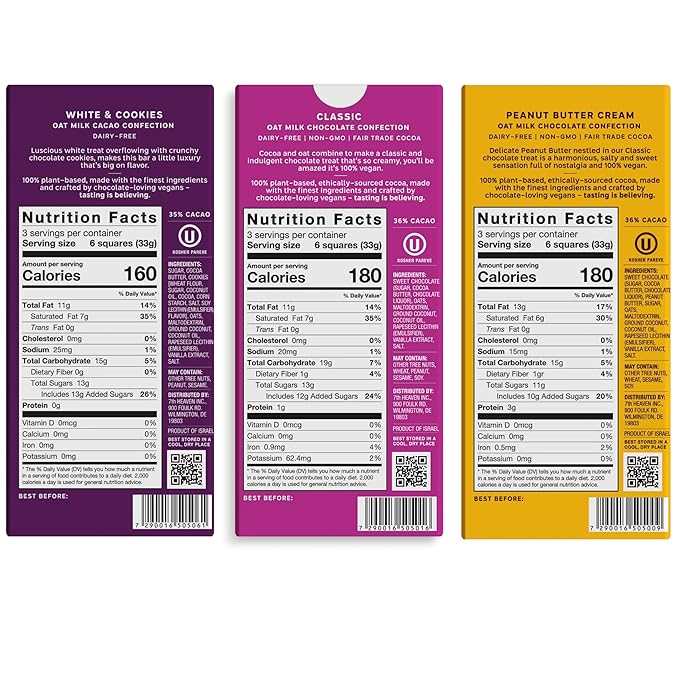 7th Heaven Vegan Oat Milk Chocolate Bar Variety Pack Classic Chocolate Sea Salt Caramel Cookies &amp Cream Hazelnut Crunch &amp Peanut Butter Cream (3.5oz Full Size Candy Bars - 5 Packs) - Perf
