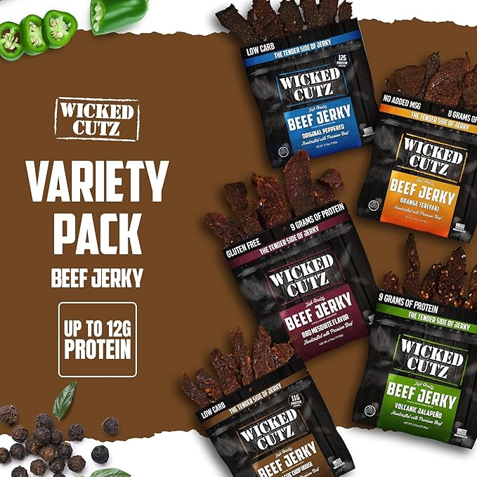 Wicked Cutz Beef Jerky Variety Pack | 5 Flavors Up to 36g Protein Per Bag | Tender Easy to Chew USA Made High Protein Carnivore Snacks | Unique Gifts for Men (5 Bags)