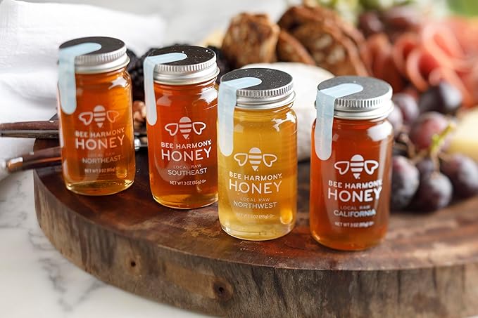 Bee Harmony Coast-to-Coast Honey Flight Mini Honey Gift Set 4 Jars 3 OZ Each Premium Raw Made in the USA