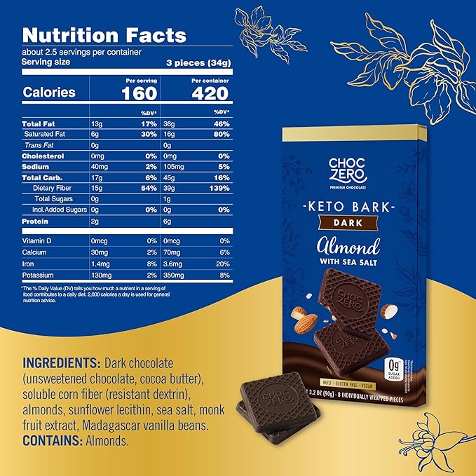 ChocZero Dark Chocolate Almond Bark with Sea Salt Sugar Free Vegan Low Carb High Fiber Keto Friendly No Sugar Alcohols (4 Count 3.2oz Boxes)