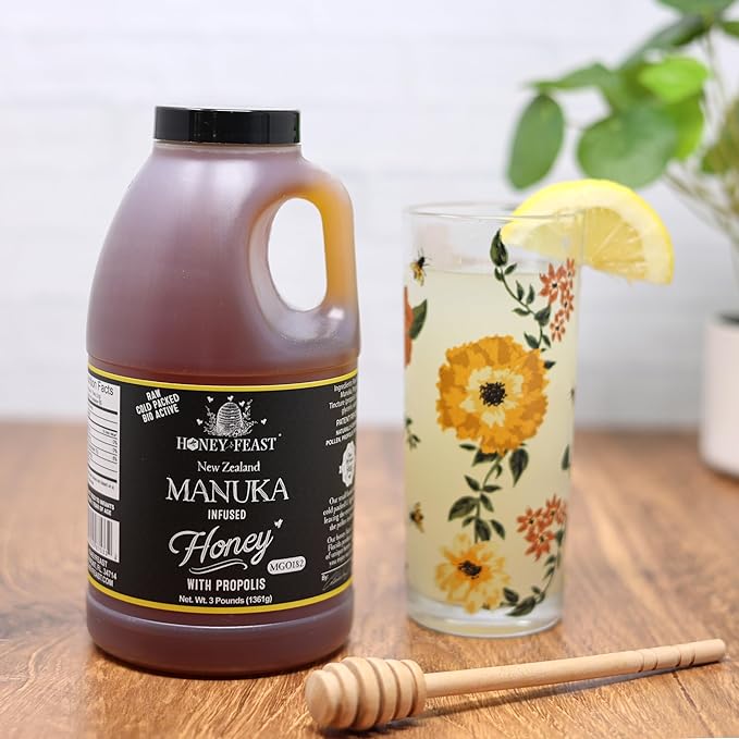 HONEY FEAST Manuka &amp Propolis Infused Honey 3 Pounds MGO 182 – New Zealand Manuka Blend with Propolis Patent-Pending Formula
