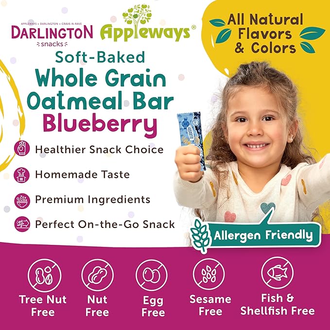 Appleways Blueberry Oatmeal Bars 1.2 oz 216 Count - Individually Wrapped Whole Grain Soft Baked Oat Snack Bars Healthy and Nut-Free Breakfast Bar Snacks for On the Go Made in USA (16.2 lbs Total)