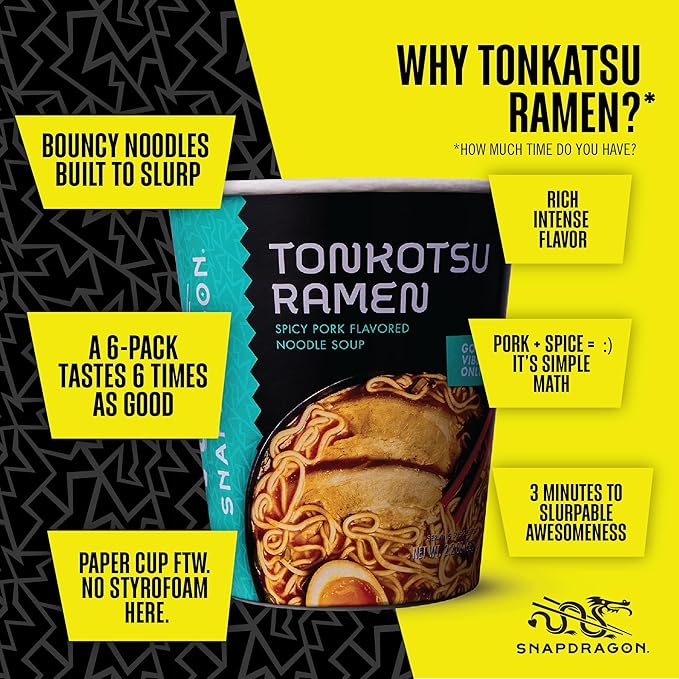 Snapdragon Tonkotsu Ramen Cup Noodles - 6 Pack Instant Ramen Bowl with Authentic Wheat Noodles Soup Sauce Base Flavor and Vege Packs. Microwave or Hot Water Easy Meal Prep