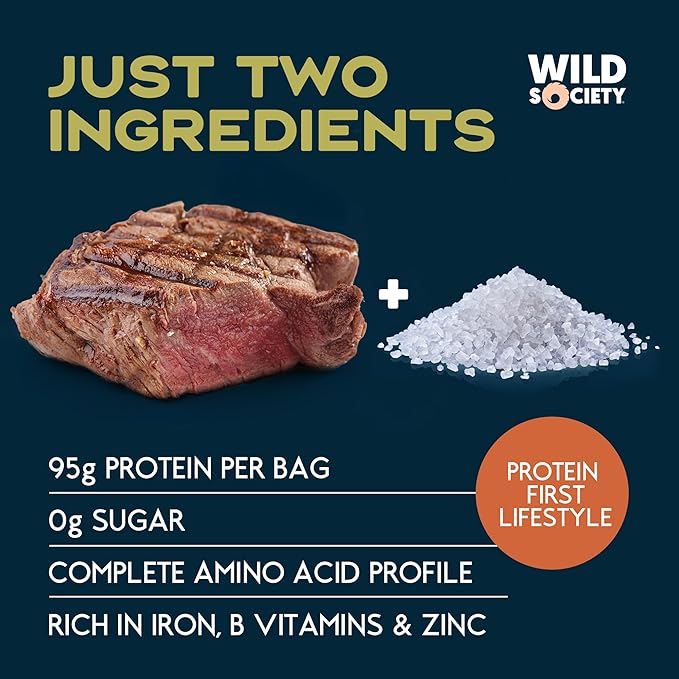 Wild Society - Caveman Eats - Grass Fed Ribeye Steak Slices - 95g Protein - Only Steak &amp Salt - 2 Ingredients - Air dried Beef Jerky Carnivore Snacks Crisps - Sugar Free Gluten Free Keto Paleo