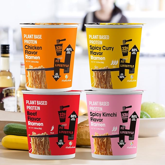 Hethstia High Protein Ramen Variety Pack 8-Pack Instant Ramen Noodle Soup Cups (Chicken Beef Spicy Kimchi Spicy Curry) 32g Plant Protein Vegan Non-Fried Low Fat Non-GMO Healthy Quick Meal