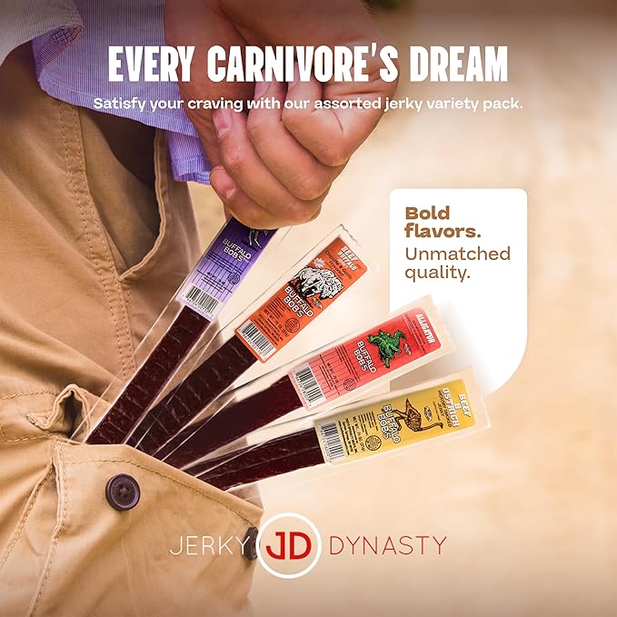 Buffalo Bob's Exotic Jerky Gift Box - Staff Favorite 20 Piece Assortment: Alligator Buffalo Venison Beef Ostrich Duck Elk - BBQ Cajun Peppered Teriyaki