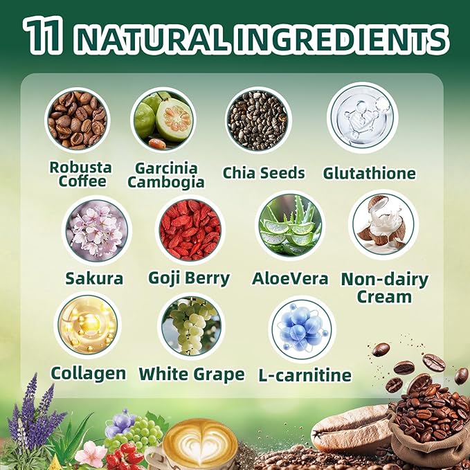 Skiseoy 20x Collagen Chia Coffee - 11-in-1 Coffee Shape Mix with L-Glutathione for Skin Hair Joints - Boost Energy and Focus Vegan Friendly 45 Servings